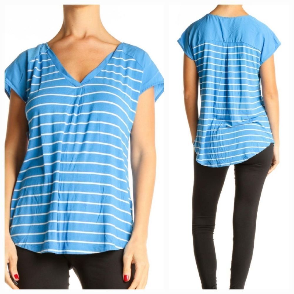 🐞Adrienne Vittadini Blue & White Striped Mixed Media Short Sleeve Top Medium